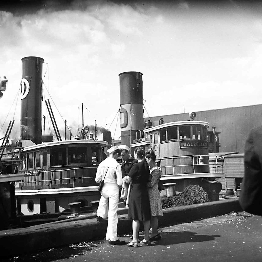 People at the Docks. Two Sailors and Girls, Tugs 