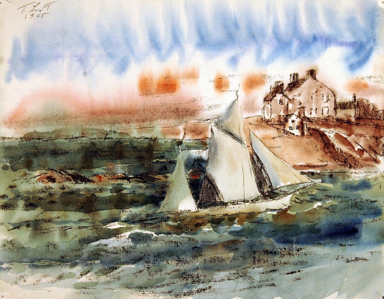 Boat sailing past a house