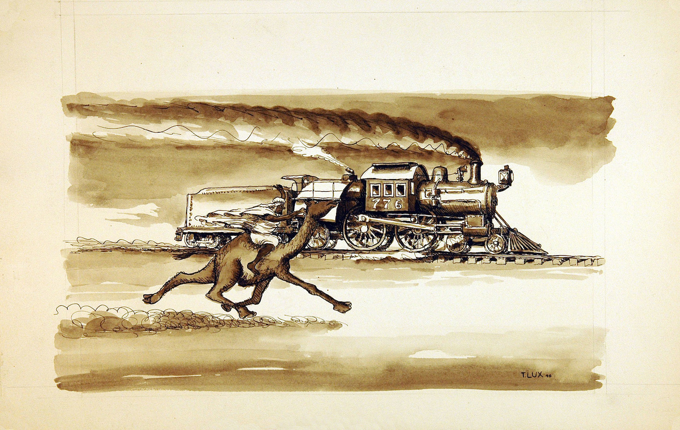 Beduine und Kamel im Wettrennen mit einem Zug*