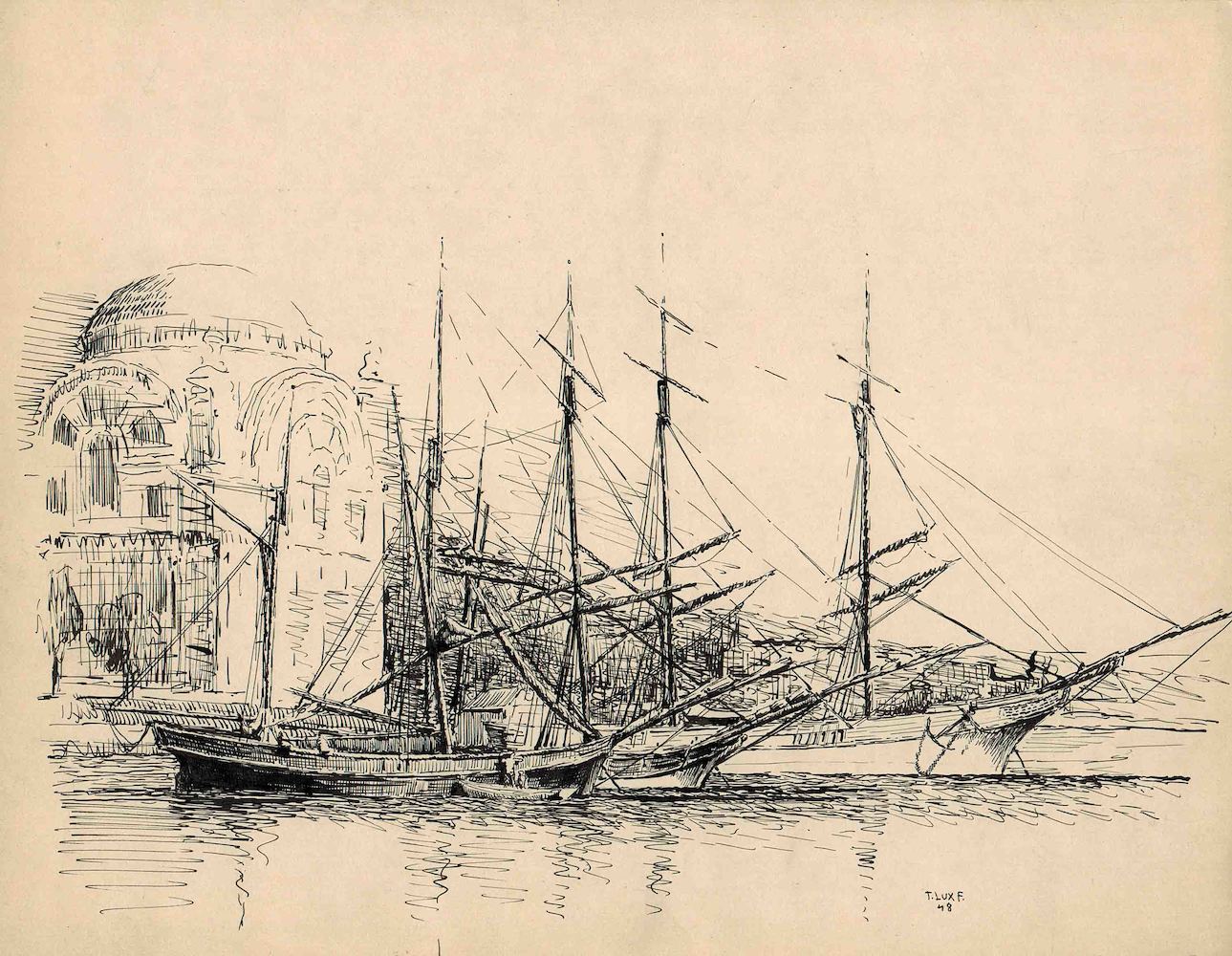 Drei Segelschiffe vor einem Kastell