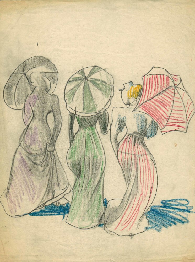 Französische Skizzen. Drei Frauen mit Sonnenschirmen