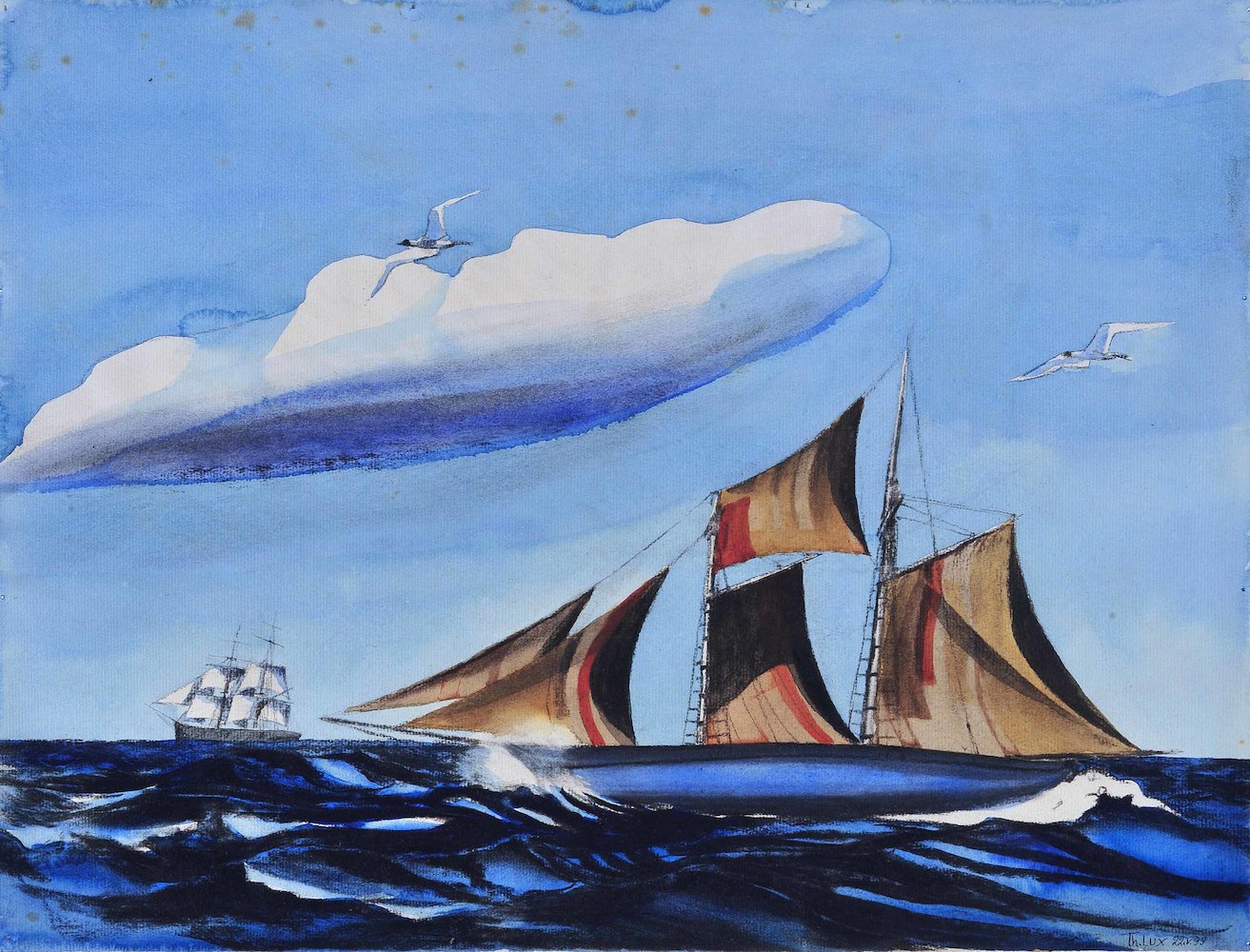 Segelschiff mit Möwen