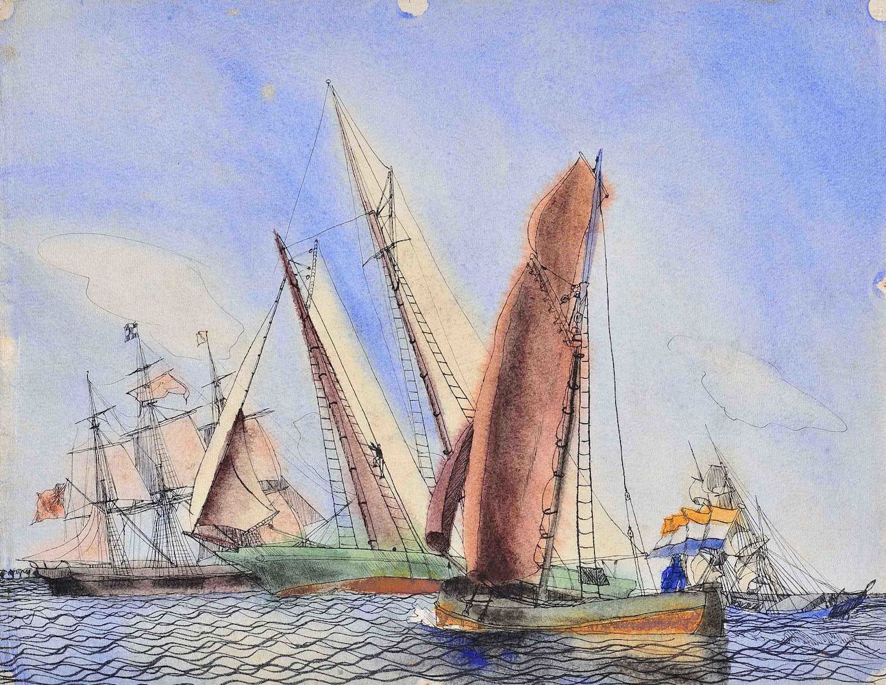 Vier Segelschiffe, eins mit holländischer Fahne