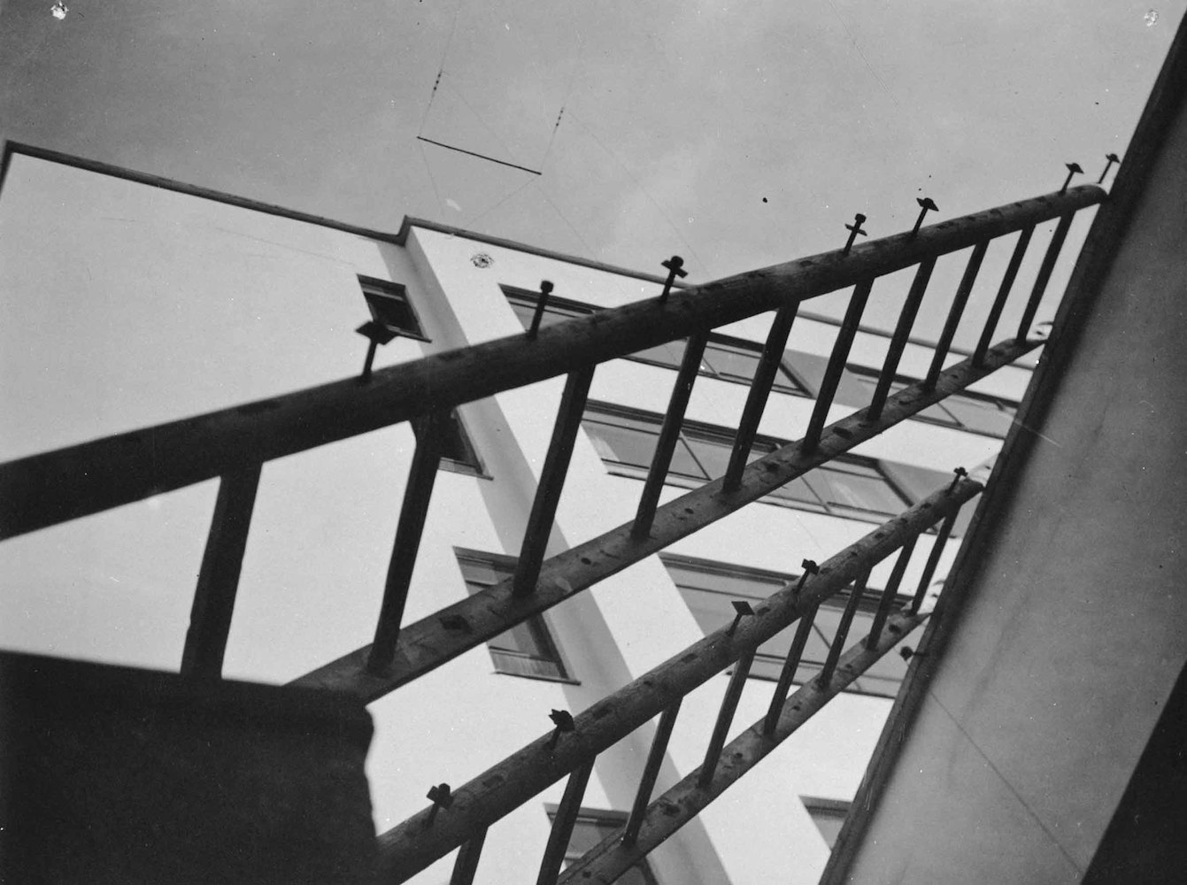 Bauhaus building, looking up, view through ladders