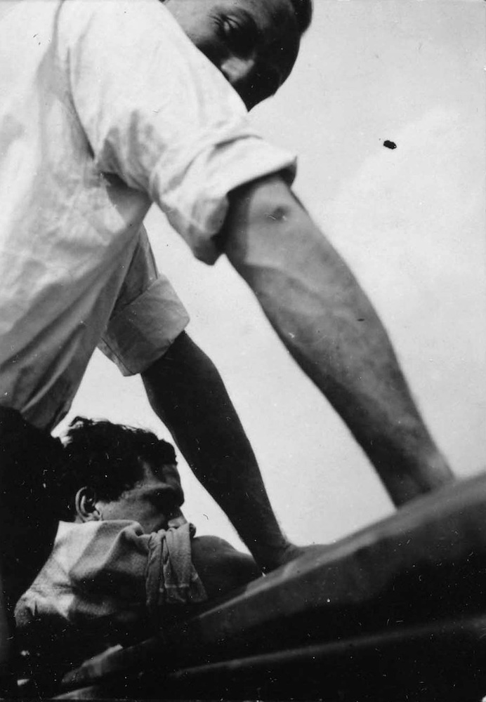 View of two Men from below (Eddie Collein and Alexander (Xanti) Schawinsky on the Bauhaus Roof)