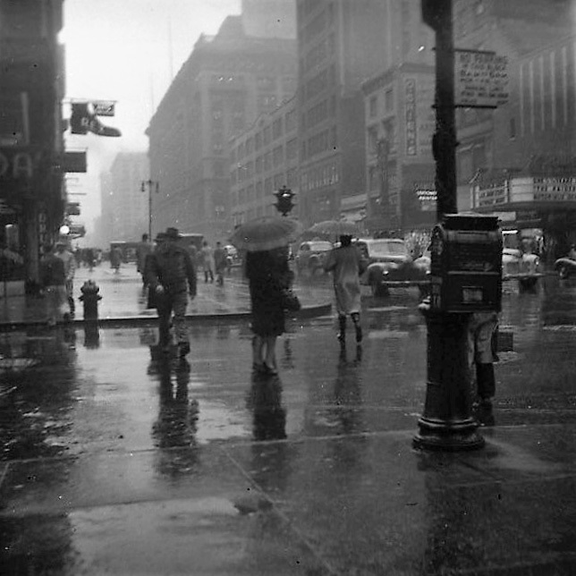 Regentag. Fußgänger überqueren eine Straße
