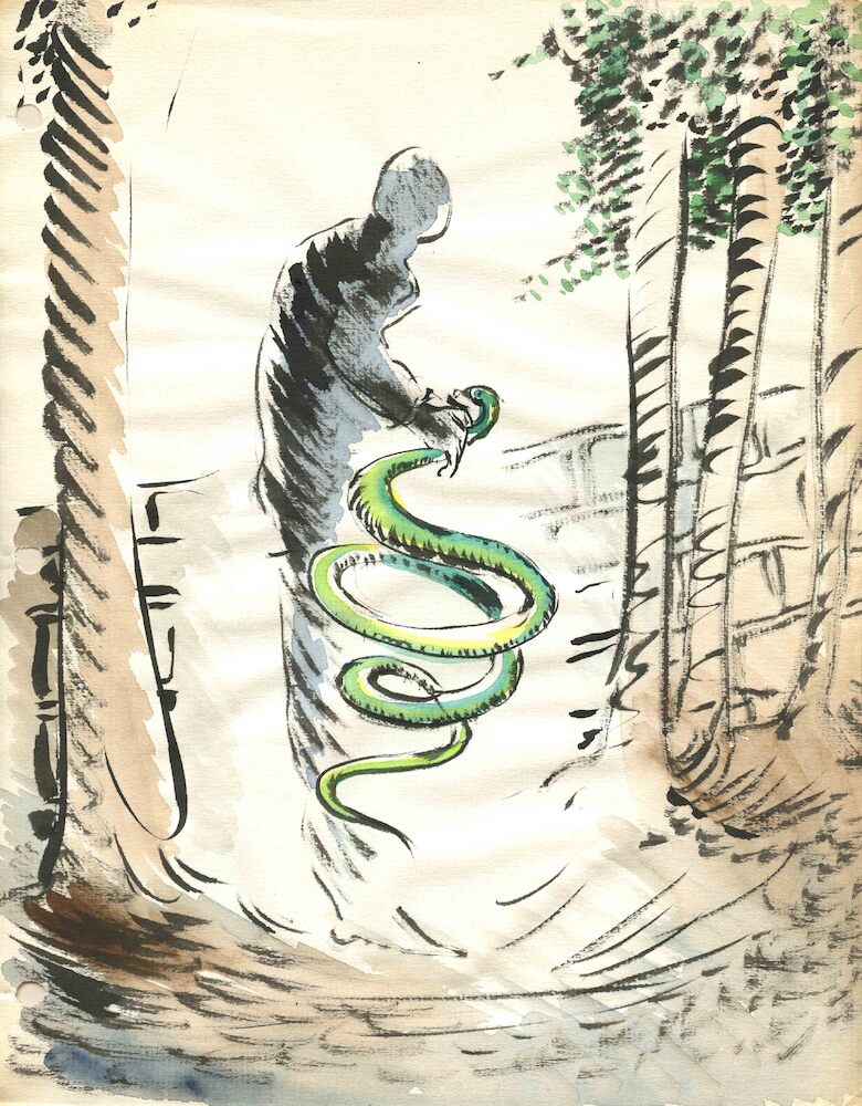 Traumbild. Figur mit Schlange zwischen Bäumen