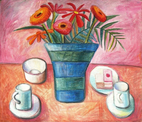 Stilleben mit Kaffeetassen und Blumen