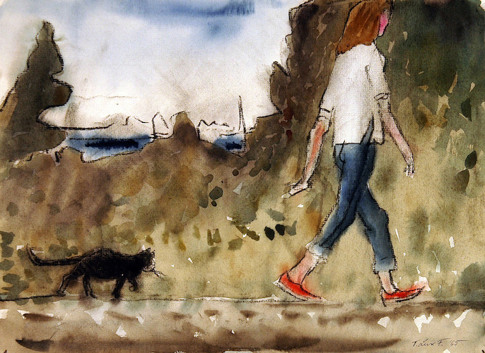Frau geht mit schwarzer Katze spazieren I