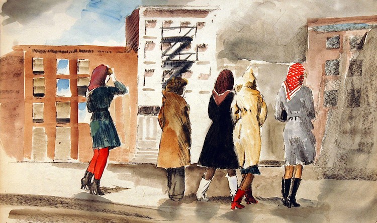 Regentag. Fünf Frauen in Rückenansicht am Straßenrand