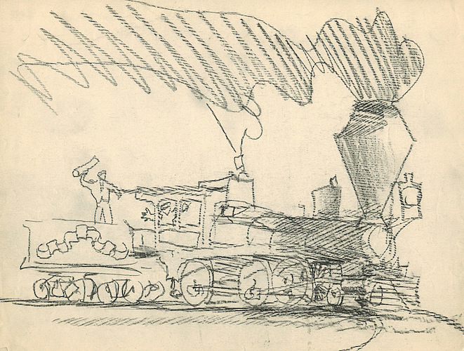 Lokomotiven. Lokomotive vor der Kurve, Heizer mit Holzscheit auf dem Tender