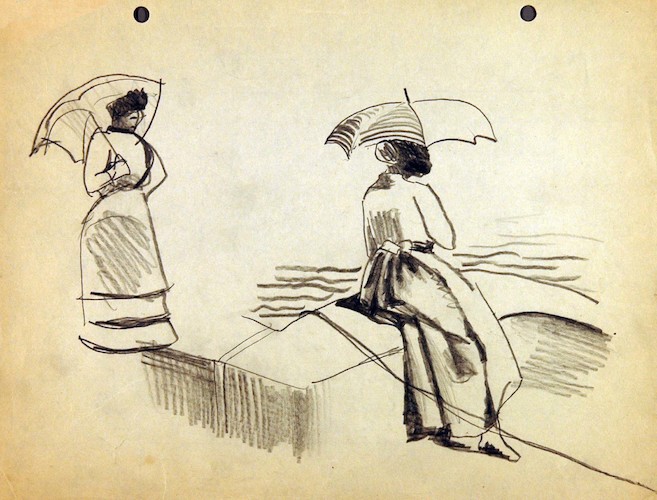 Französische Skizzen. Zwei Frauen mit Schirmen
