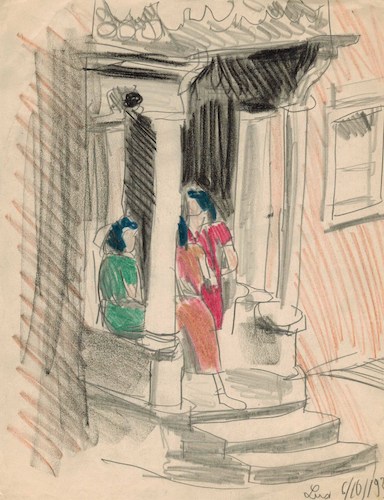 Three women in house entrance