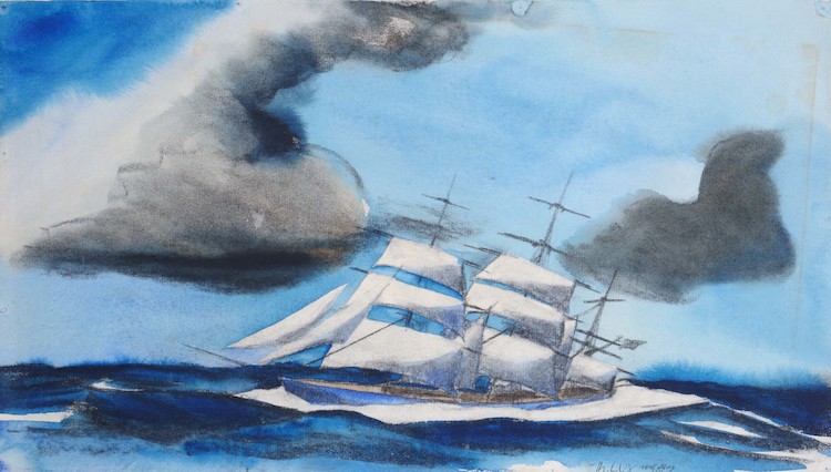 Three-master with white sails under dark clouds