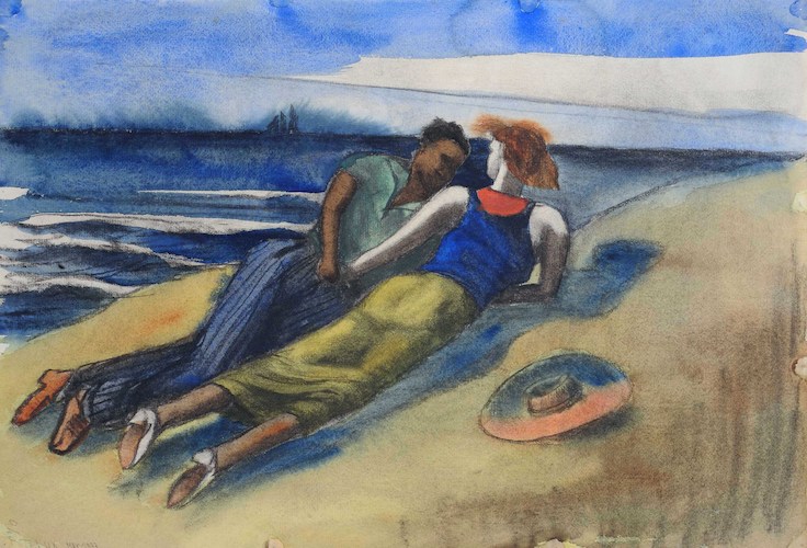 Liegendes Paar am Strand (Junges Paar auf einer Düne)