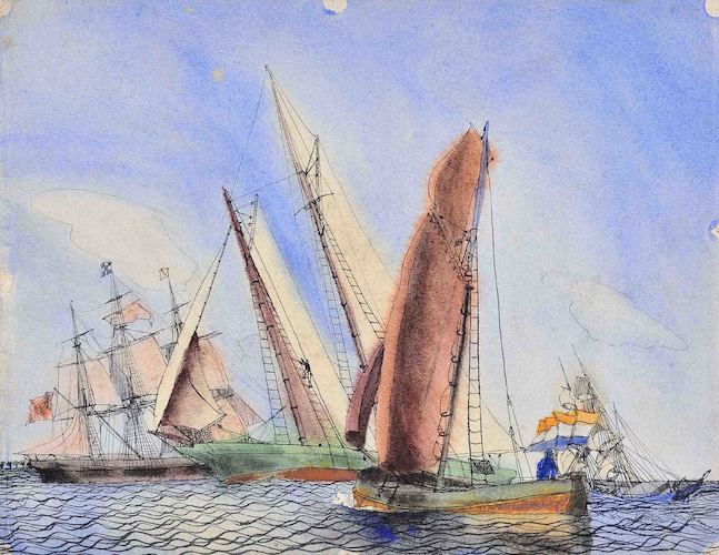 Vier Segelschiffe, eins mit holländischer Fahne