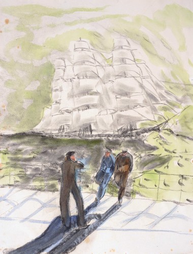 Three Sailors in front of a Sailboat