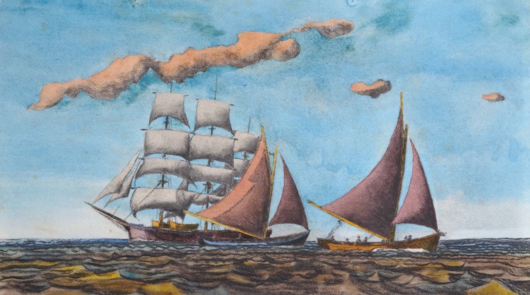 Zwei Jollen und ein Segelschiff