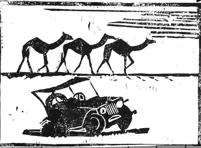 Drei Kamele und ein verlassener Jeep