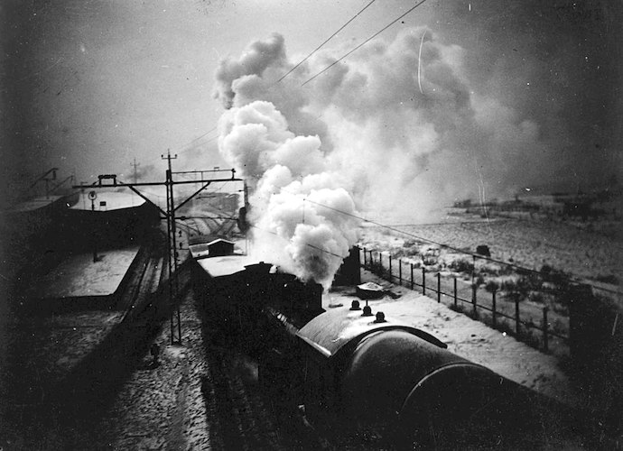 Train letting off steam at a crossing