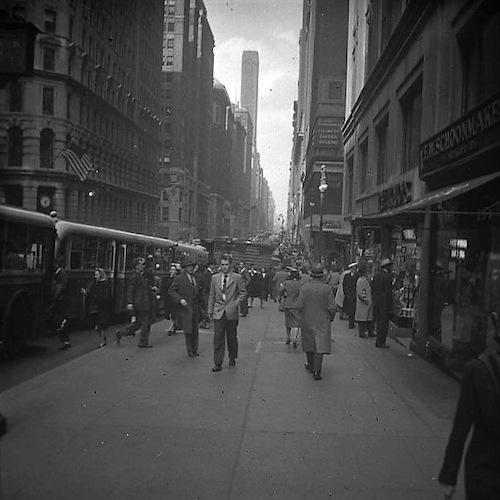 Busy street at 2:30 PM at 42nd St. Crossing, Clock Tower in the Distance