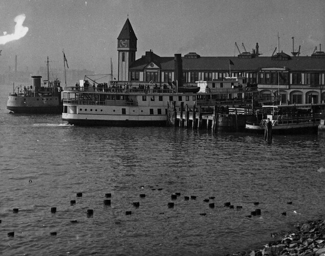 The Battery. Excursion Steamers at City Pier A Harbor House Clocktower