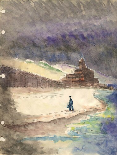 Dream Vision. Nocturnal Beach Scene with Lonely Man