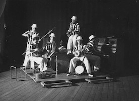 The Bauhaus Band in 1927, in costume (Heinrich Koch, Werner Jackson, Clemens Röseler, Andor Weininger, Georg Fulda)